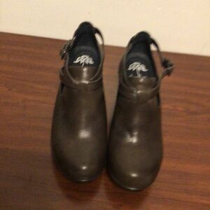 Leather comfy shoe for long time on feet cut out at side strap closure DANSKO